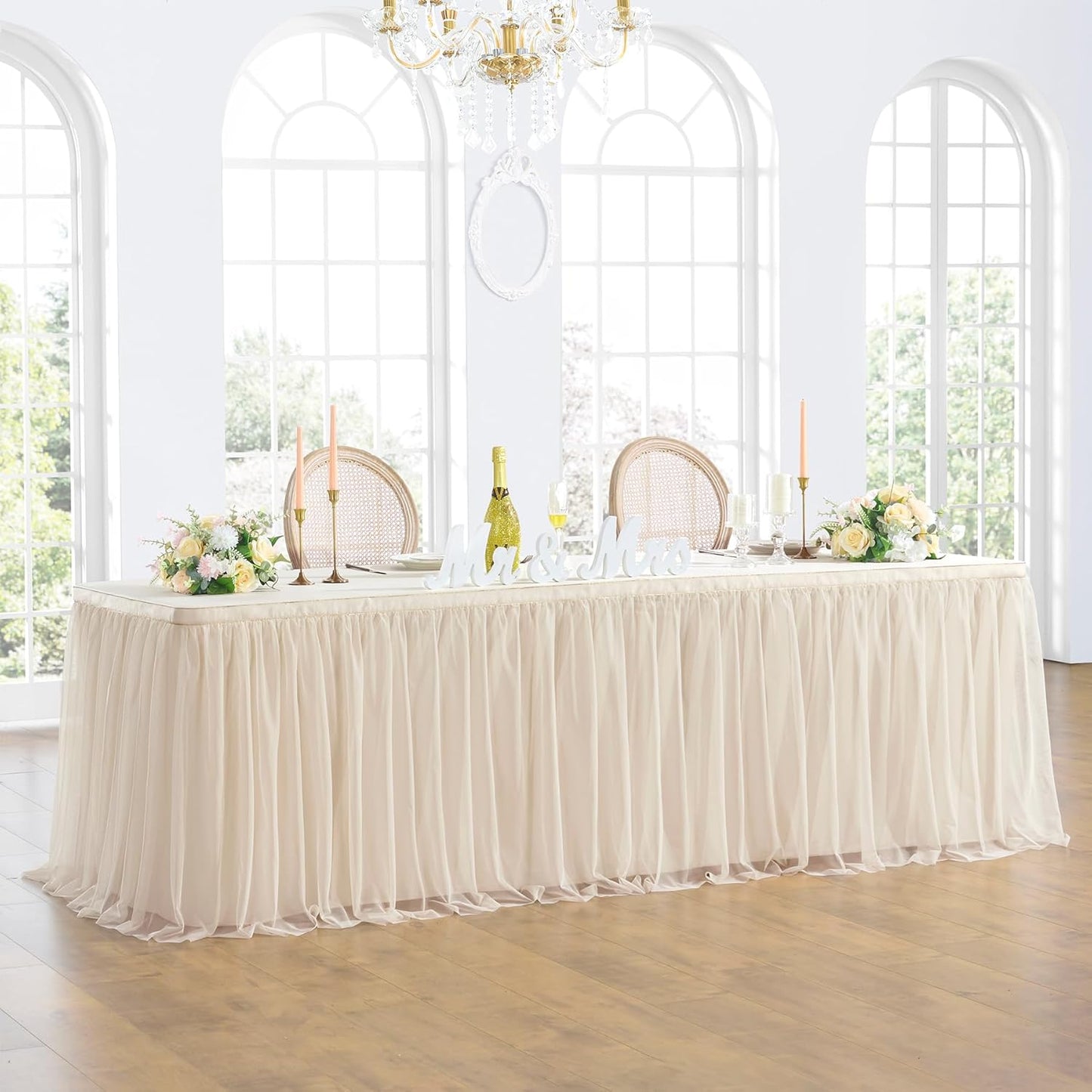 252in Champagne Gold Tulle Table Skirts for Elegant Events