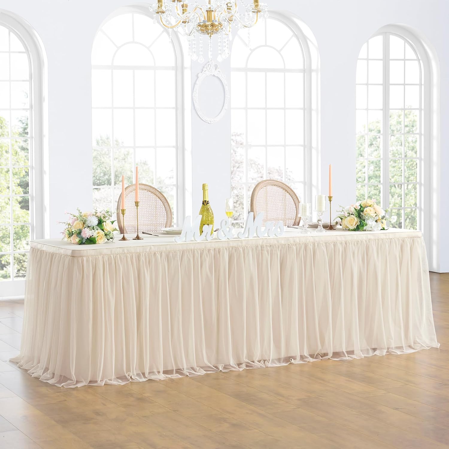 252in Champagne Gold Tulle Table Skirts for Elegant Events