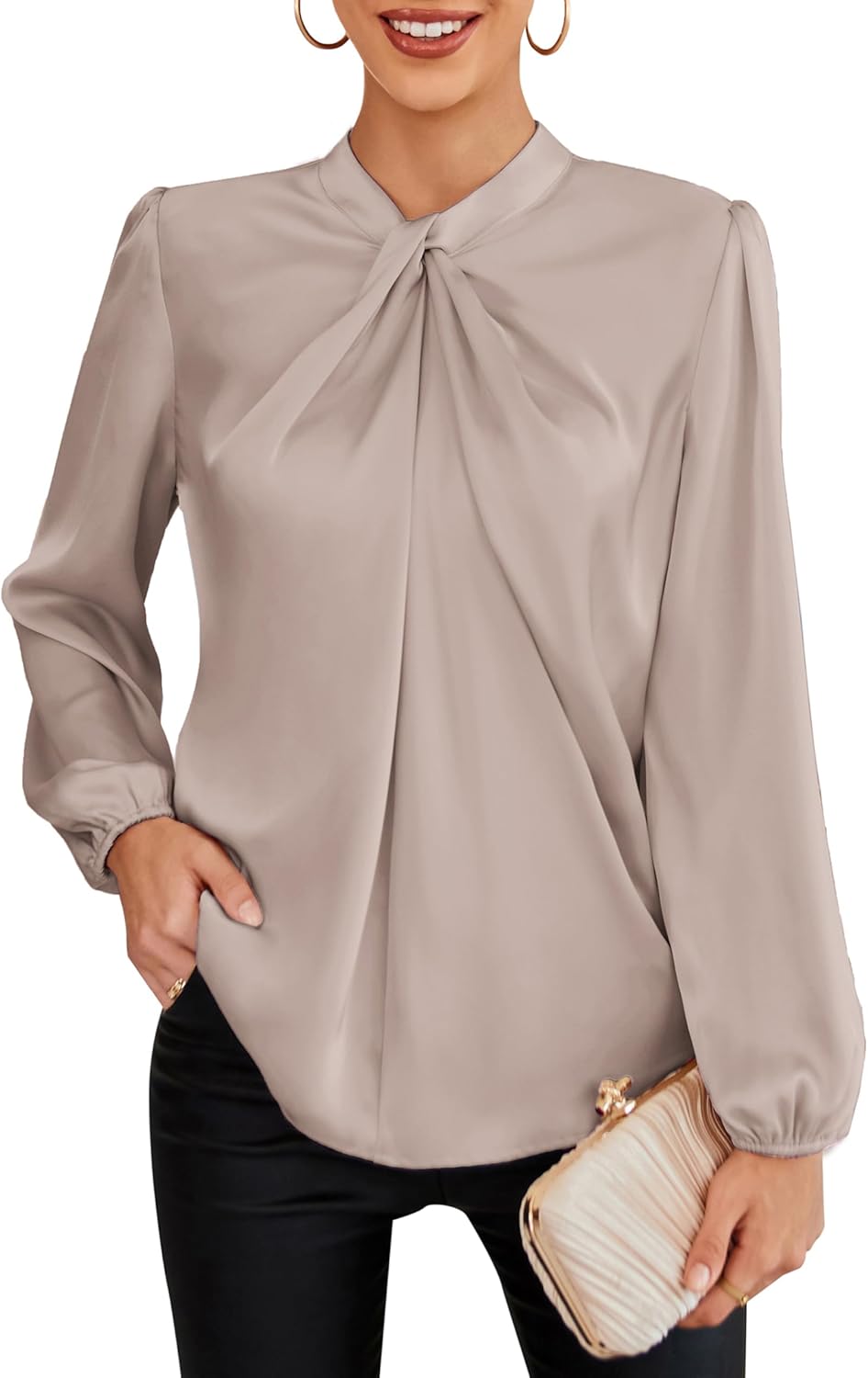 GRACE KARIN Women's Long Sleeve Mock Neck Satin Blouse Tops