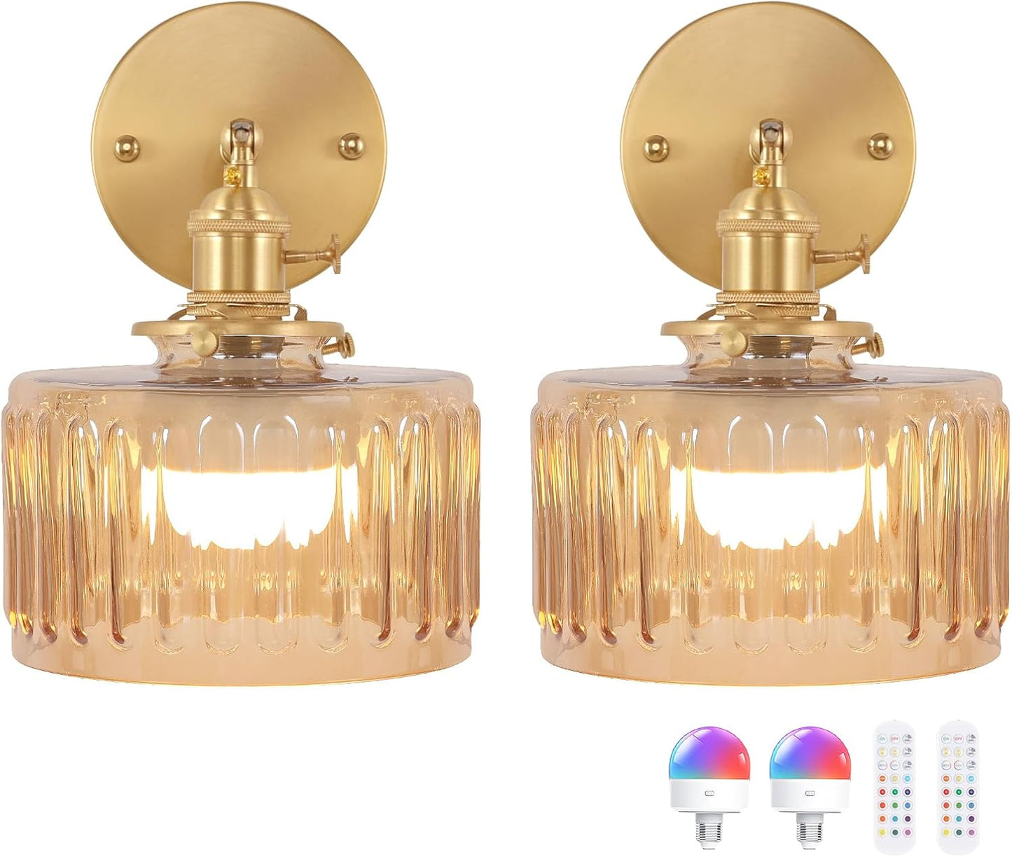 Vintage Battery Operated Wall Sconce with Amber Glass Lampshade