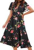 Womens Floral Button Up Split Midi Dress - V Neck Bell Sleeve