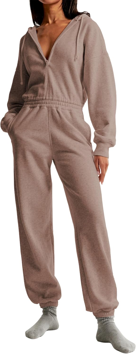 Casual Hoodie Jumpsuits for Women - Zip Up Sweatshirt Romper