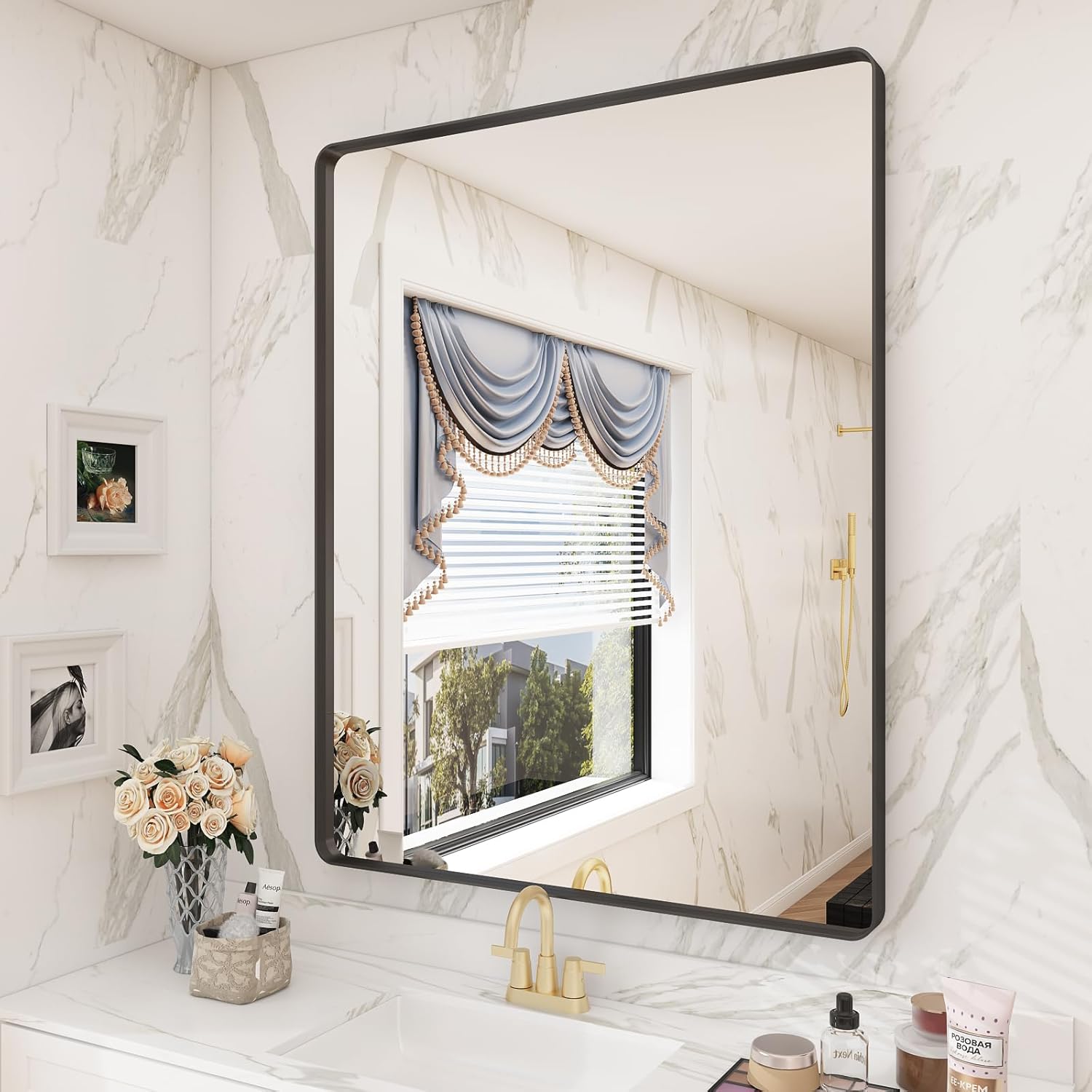 28x36 Black Matte Bathroom Mirror - Stylish Framed Vanity Mirror