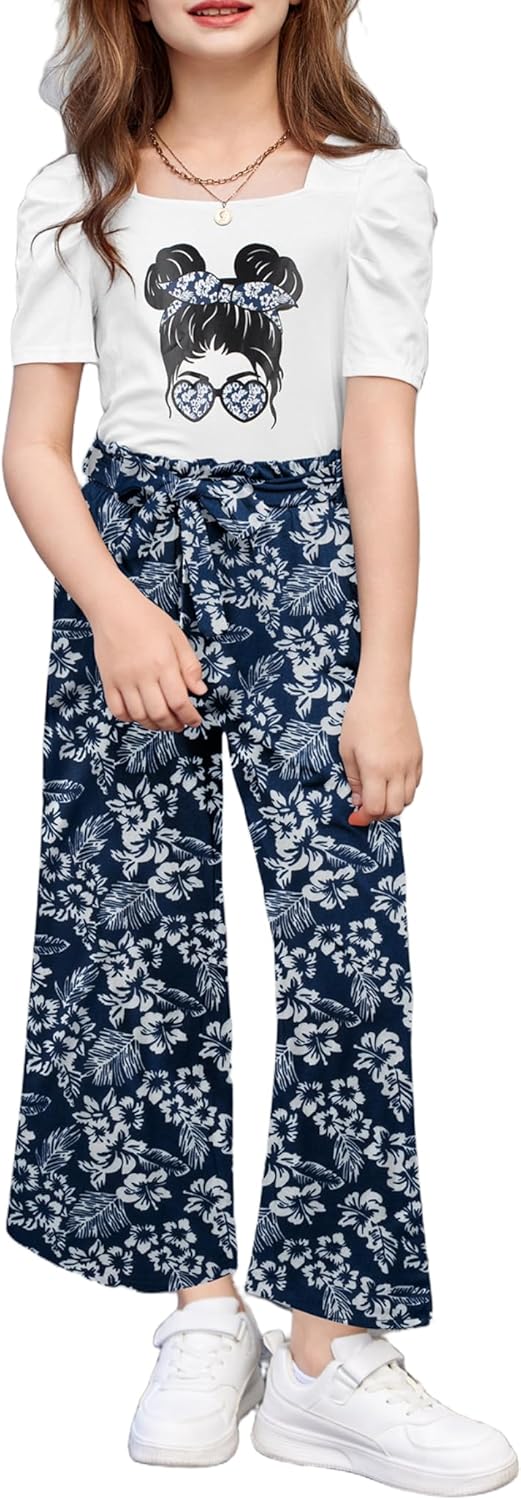 Arshiner Girls 2 Pieces Outfits with Puff Sleeve Tops & Pants