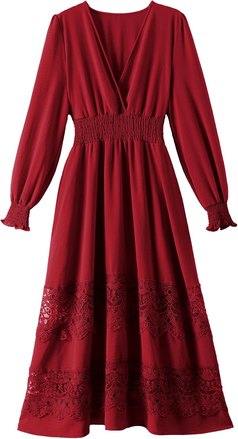 Women's Lace Maxi Dress Short Sleeve V Neck Boho Style