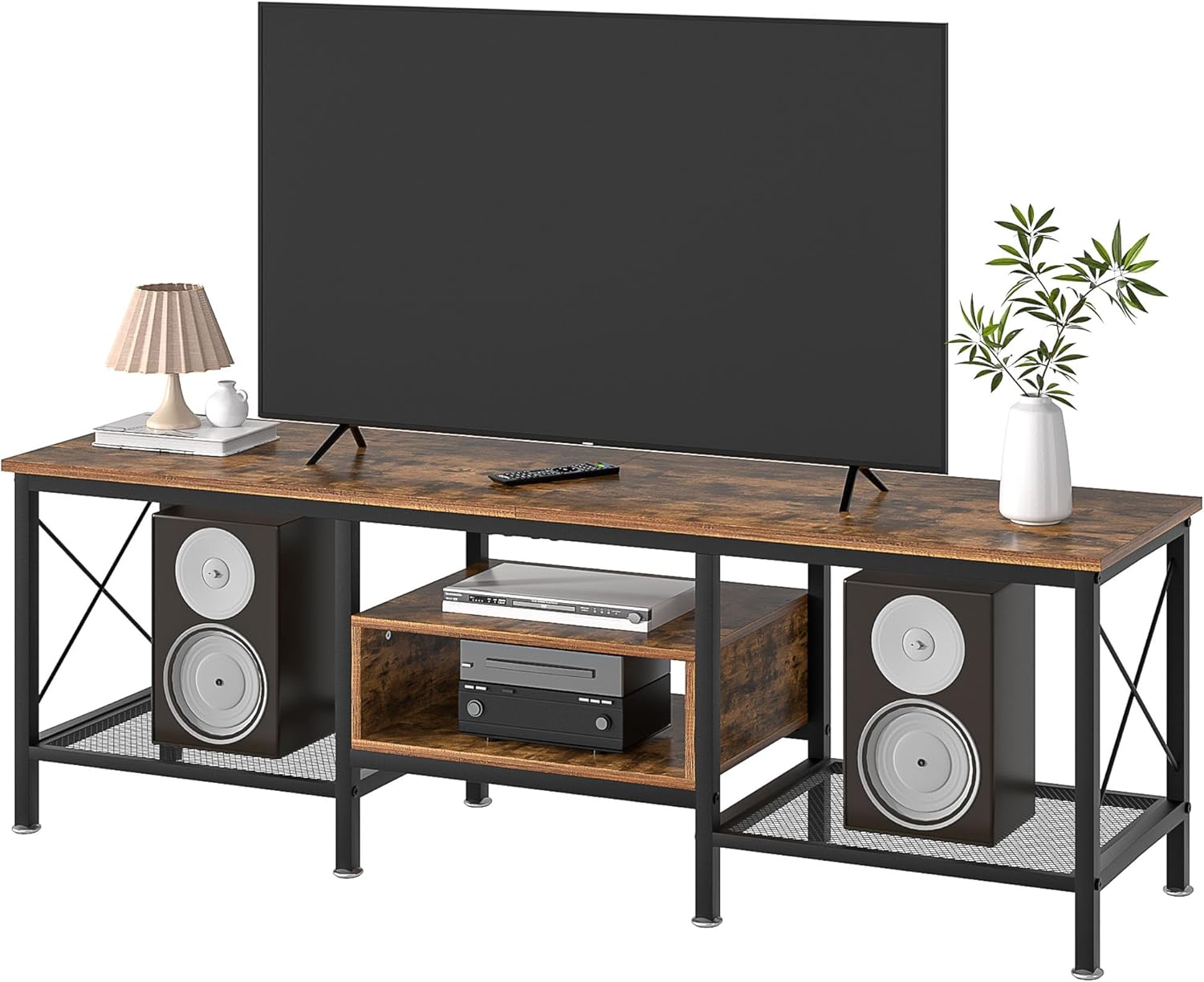 VECELO 3-Tier Industrial TV Stand - Open Shelves, Dark Brown