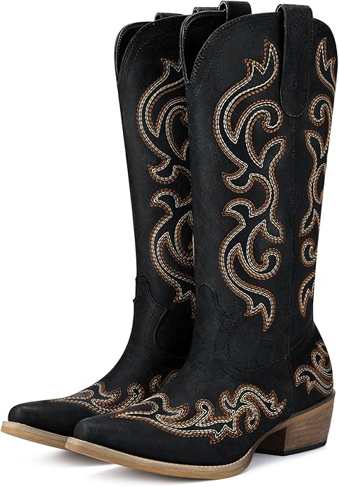 HISEA Rollda Cowboy Boots for Women with Chunky Heel Style