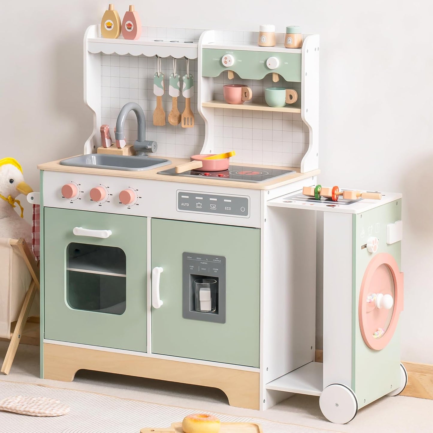 ROBUD Wooden Play Kitchen Set with BBQ Grill & Lights