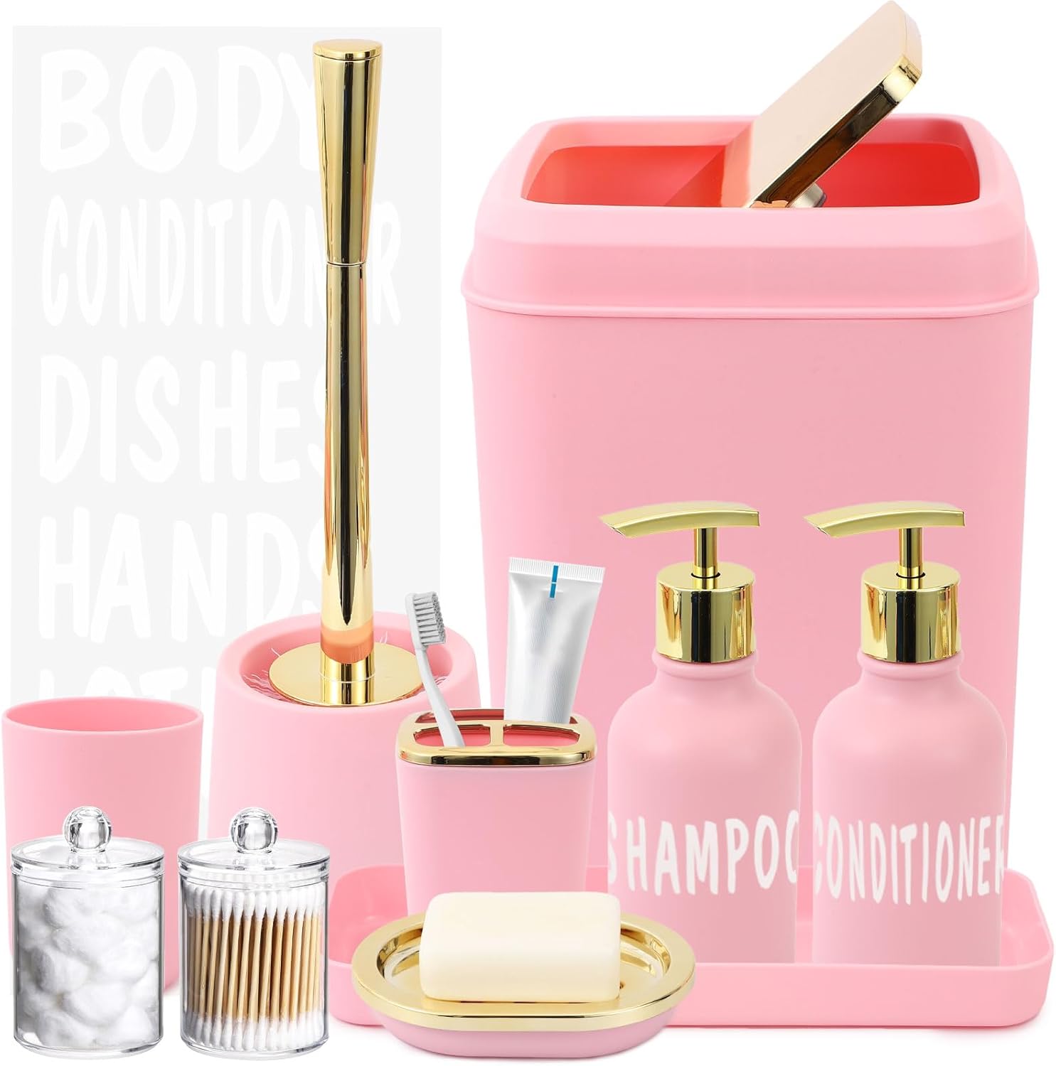 Pink Bathroom Accessories Set - 10 Piece Complete Set for Elegance