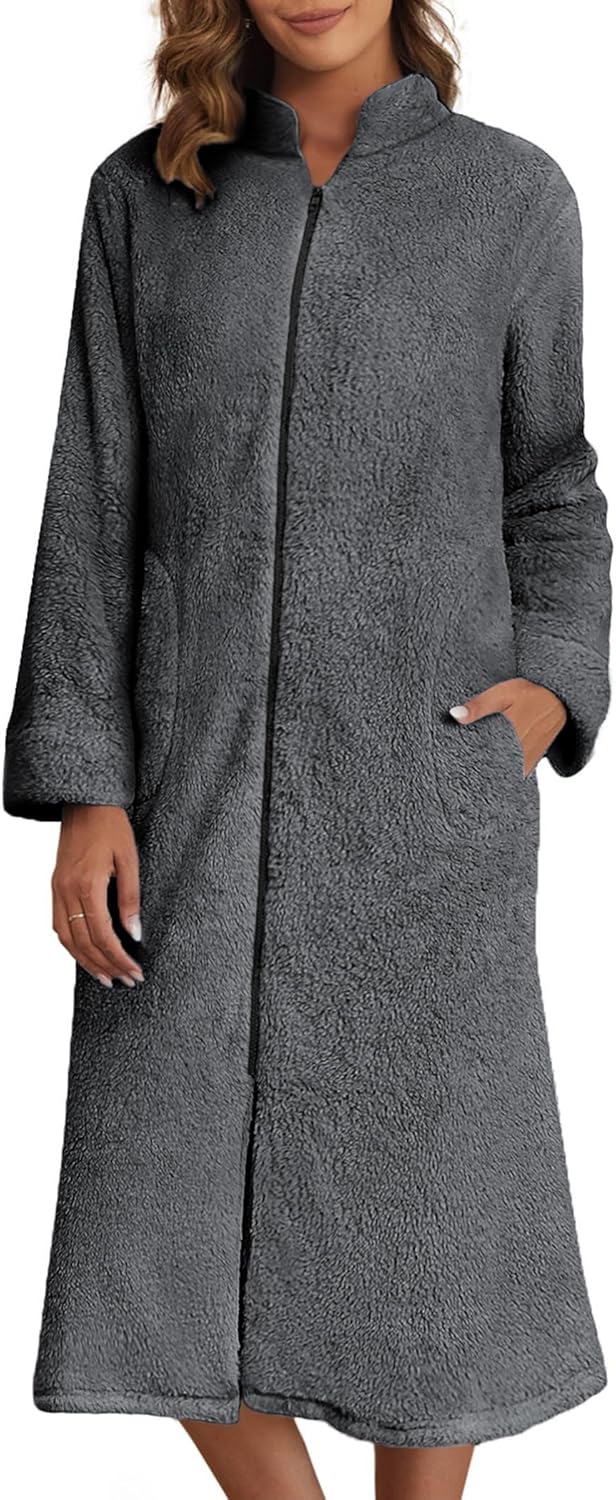 Ekouaer Women's Zip Up Fleece Bathrobe with Pockets for Comfort