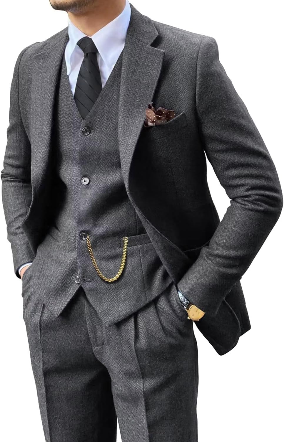 Retro 3 Piece Suit Tweed Herringbone Slim Fit Groom Tuxedos Set