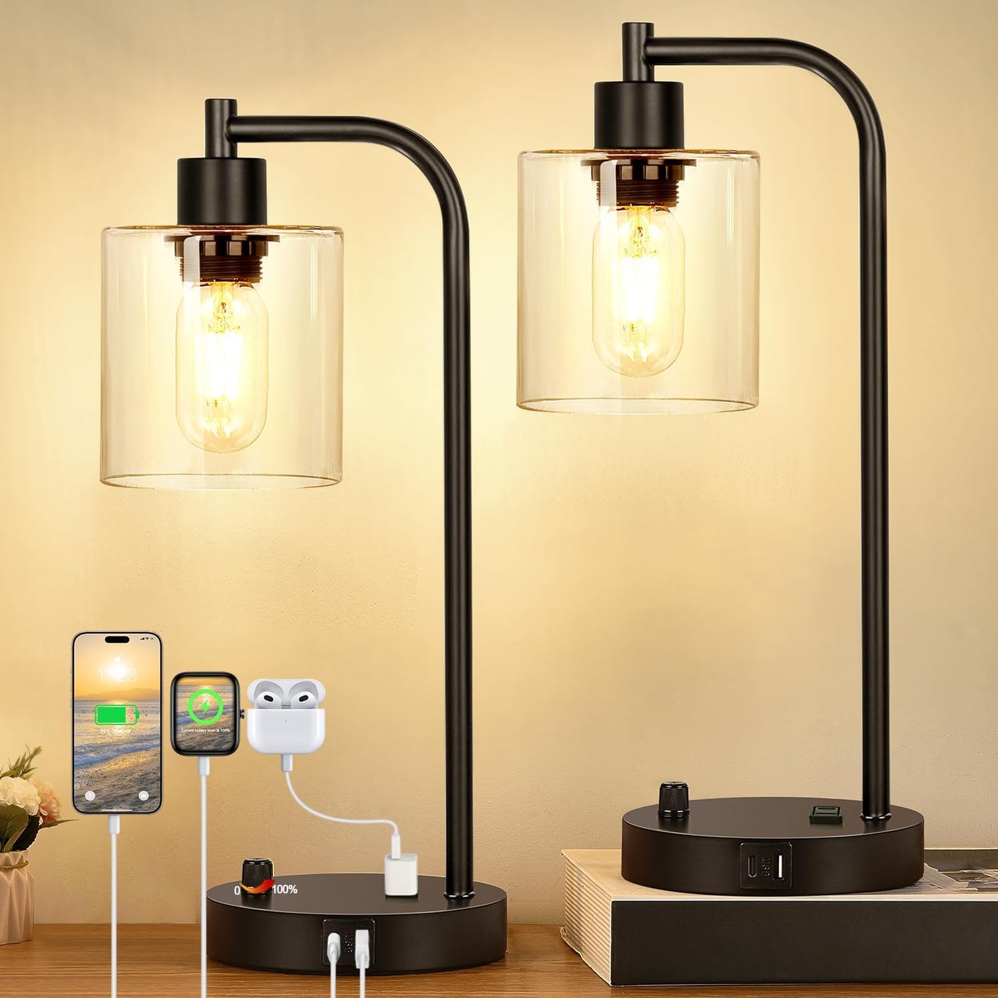 Dimmable Industrial Lamps w/ USB Ports - Set of 2
