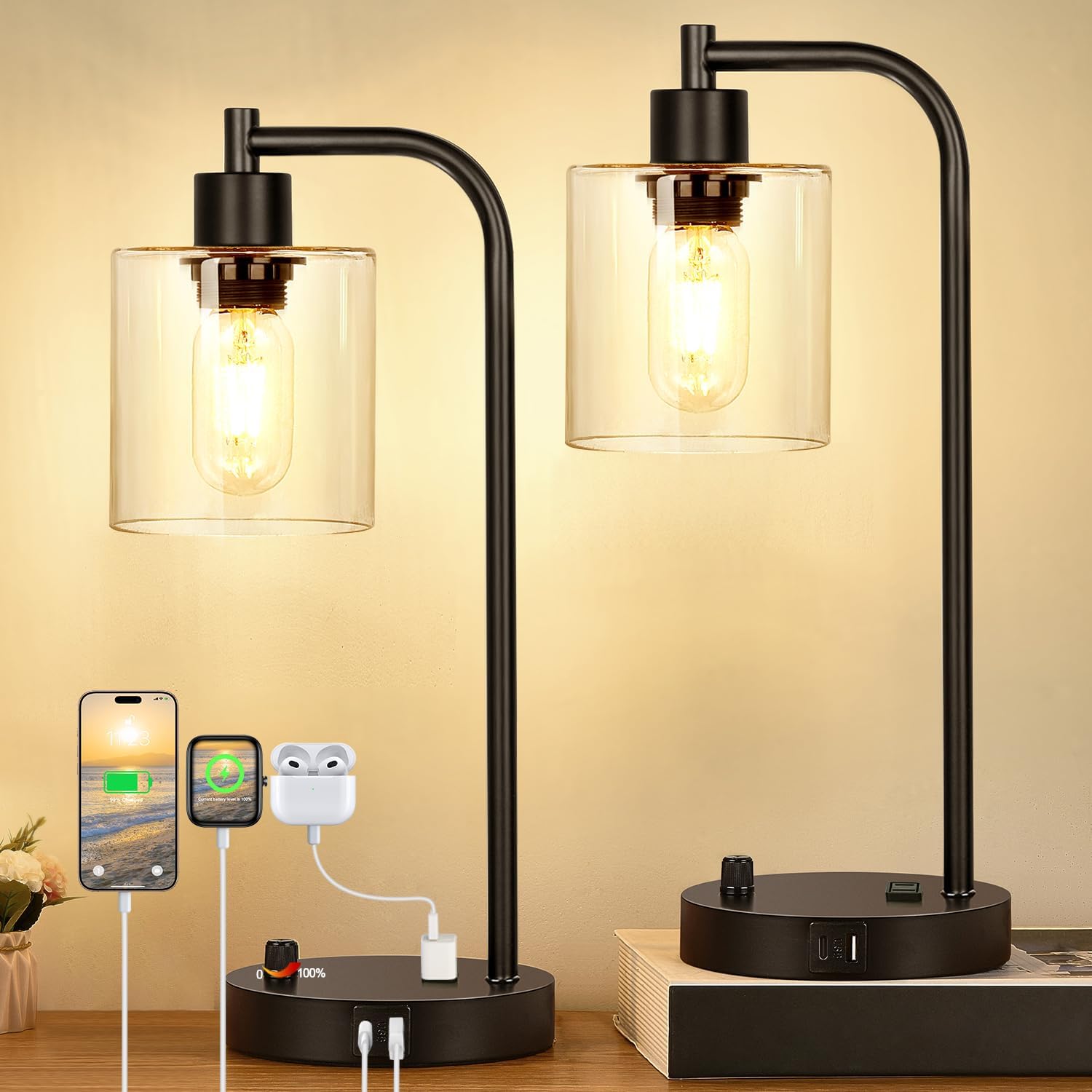 Dimmable Industrial Lamps w/ USB Ports - Set of 2