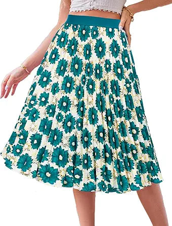 High Elastic Waist Pleated Chiffon Midi Swing Skirt for Women