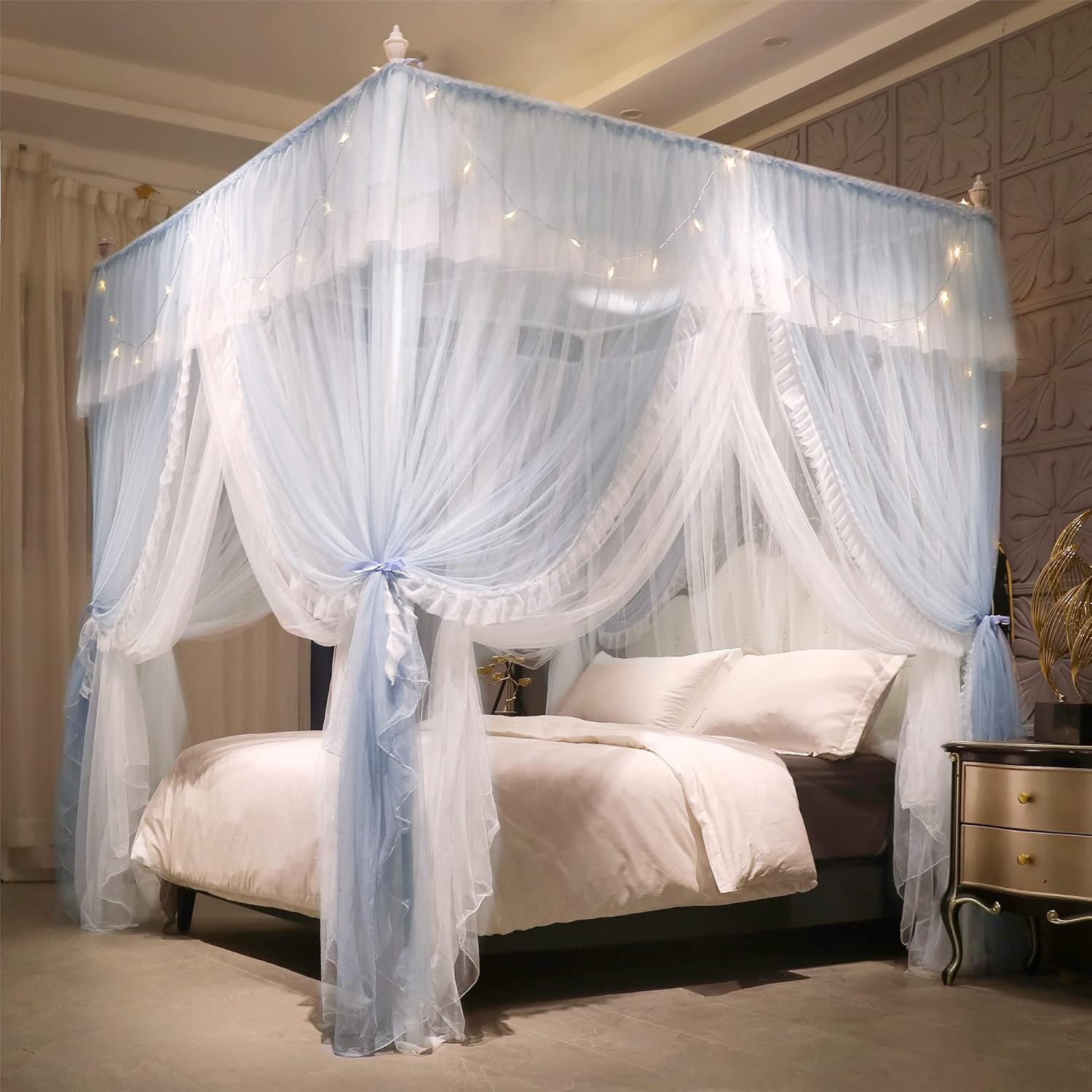 VETHIN 4 Corners Post Ruffle Princess Bed Canopy Curtain