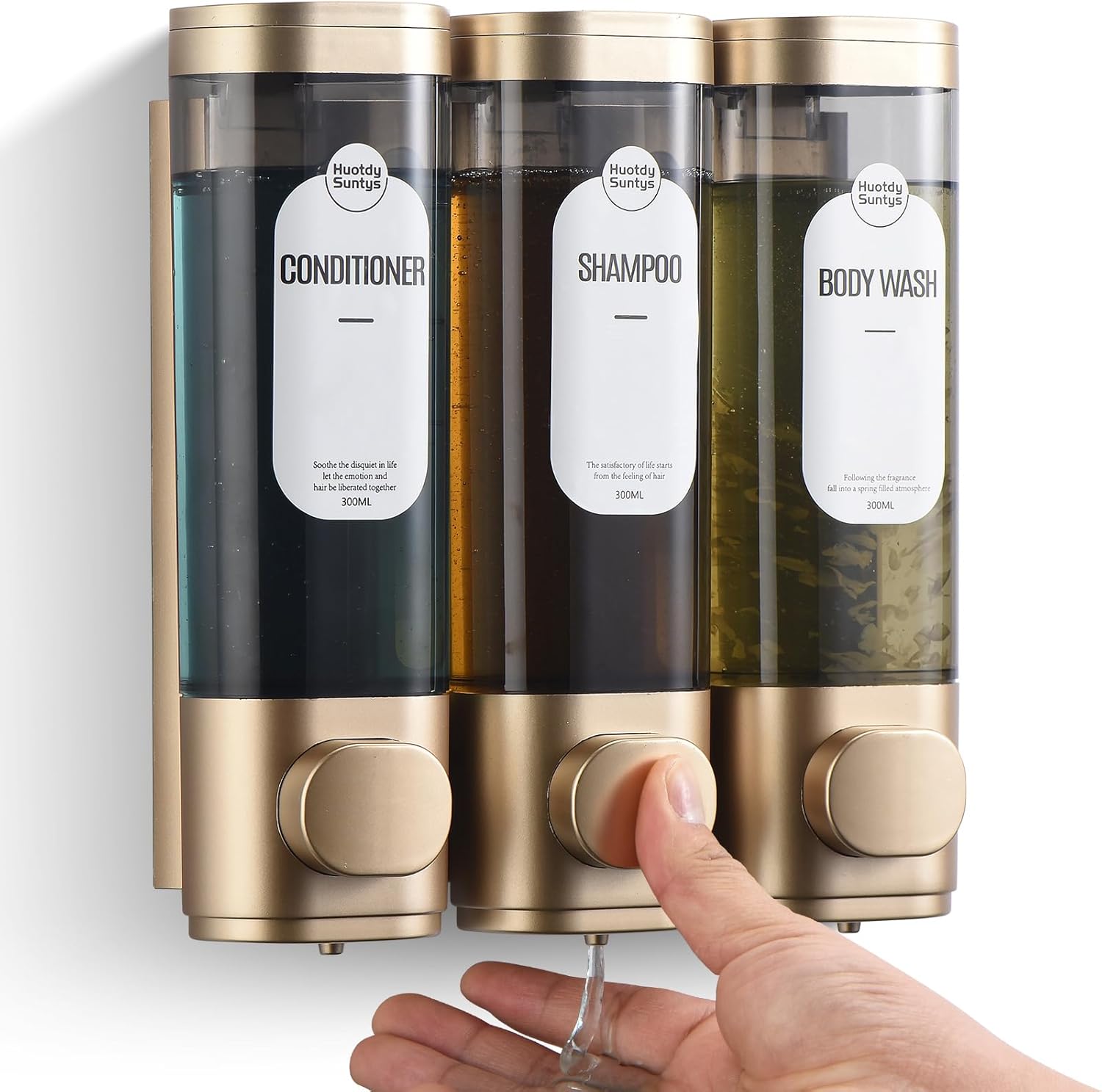 Gold 3-Chamber Shower Dispenser - No Drill, Easy Refill - 900ml Capacity