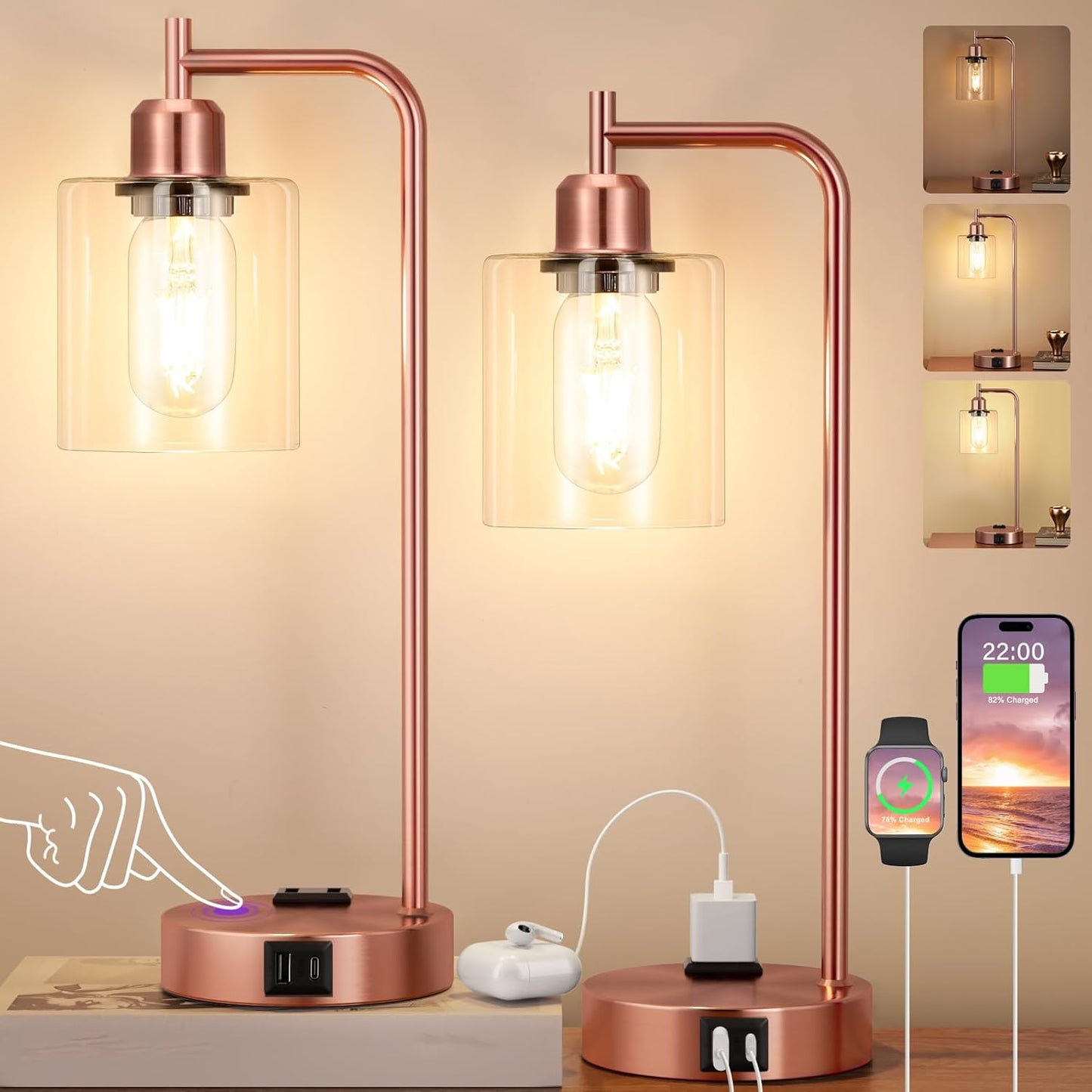 Innqoo Industrial Touch Table Lamps with USB Ports for Bedrooms