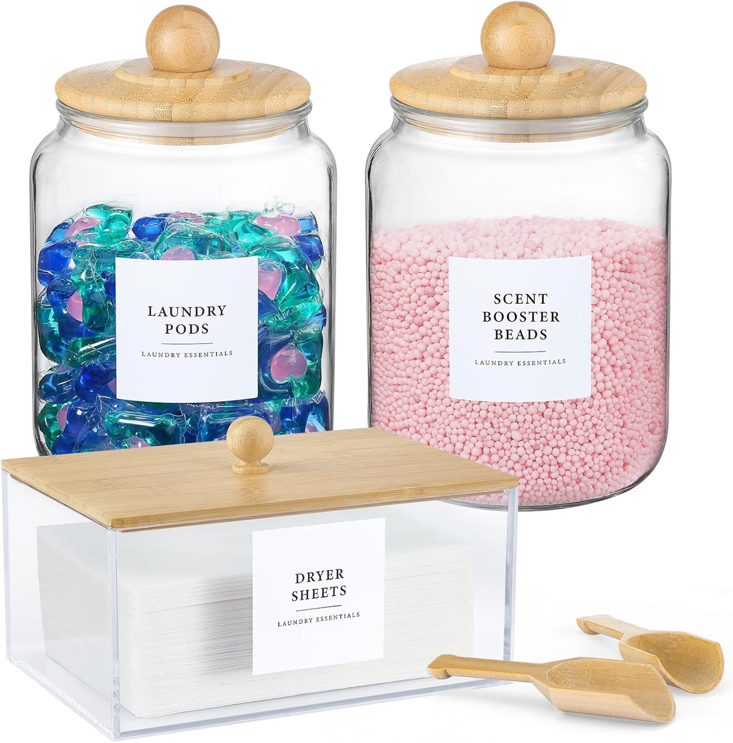 Glass Jars and Dryer Sheet Holder Set for Laundry Organization