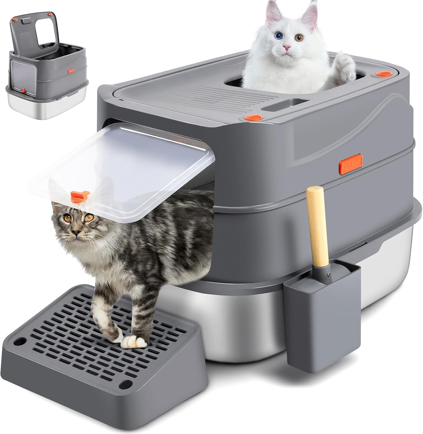 Stainless Steel Litter Box with 180 Flip-Top Lid for Cats
