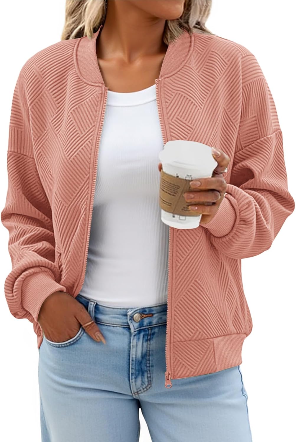 Tankaneo Womens Bomber Jacket Zip Up Casual Lightweight Coat