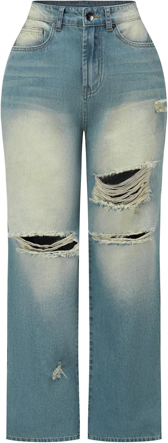 High Waisted Wide Leg Jeans for Women - Stretchy Distressed Denim