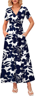 Women's Summer Maxi Dress with Pockets - Soft Stretch Wrap V Neck
