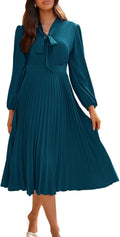 Womens V Neck Pleated A Line Midi Dress - Flowy Fall Workwear