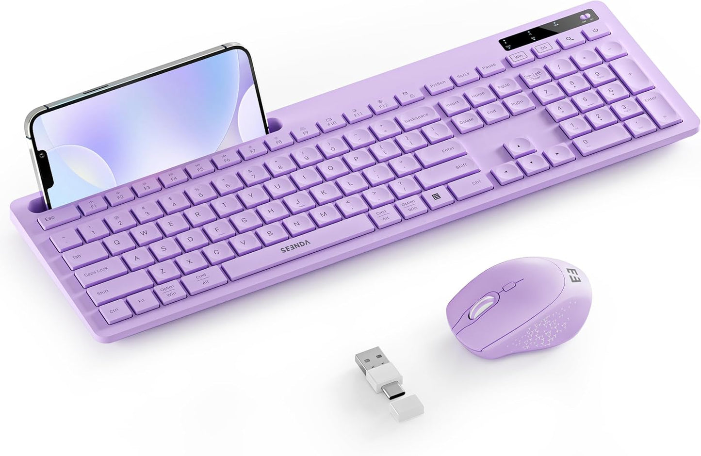 seenda Wireless Keyboard & Mouse - Full-Size, Purple, Phone Holder