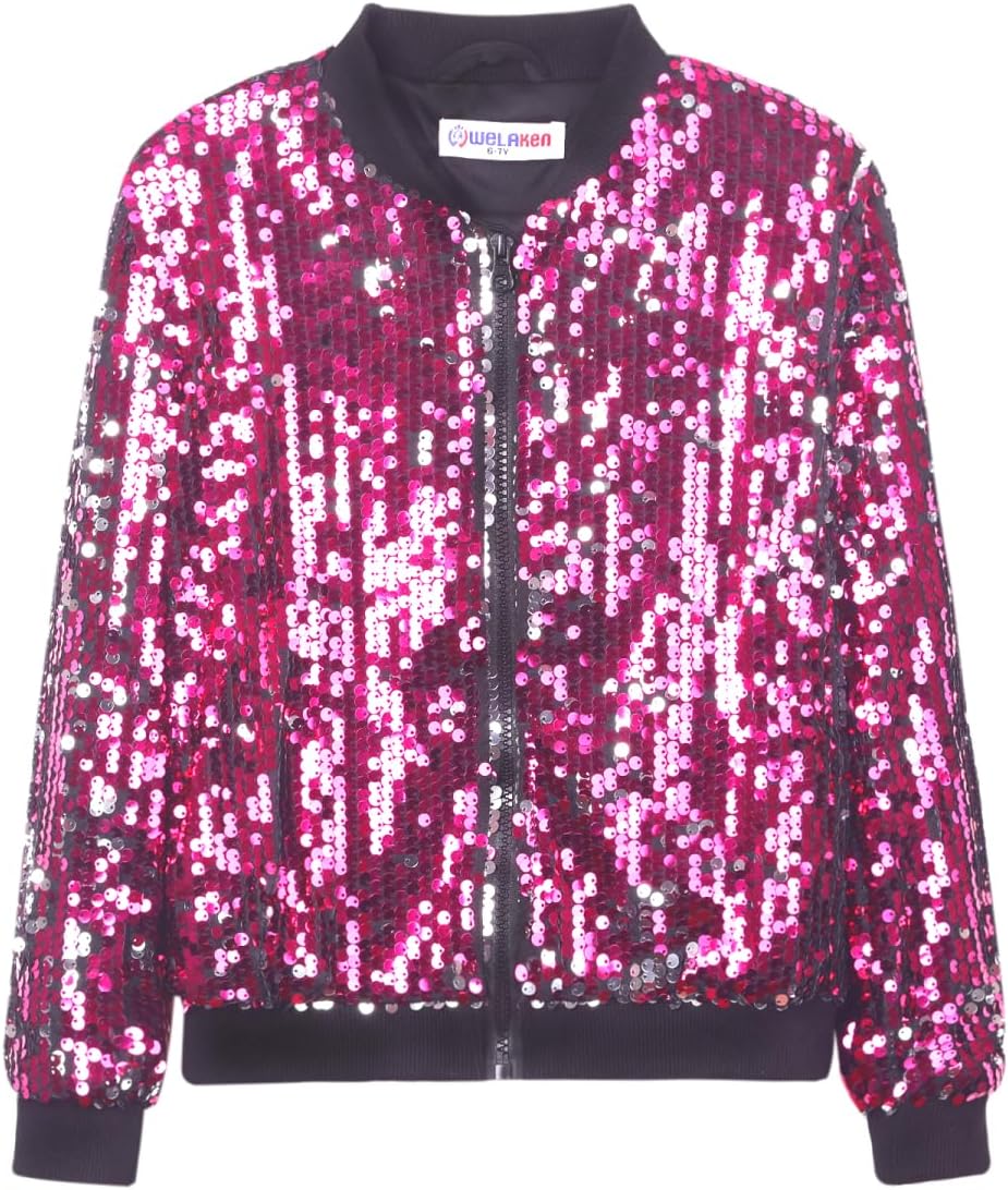 WELAKEN Girls' Ombre Sequin Bomber Jacket with Pockets