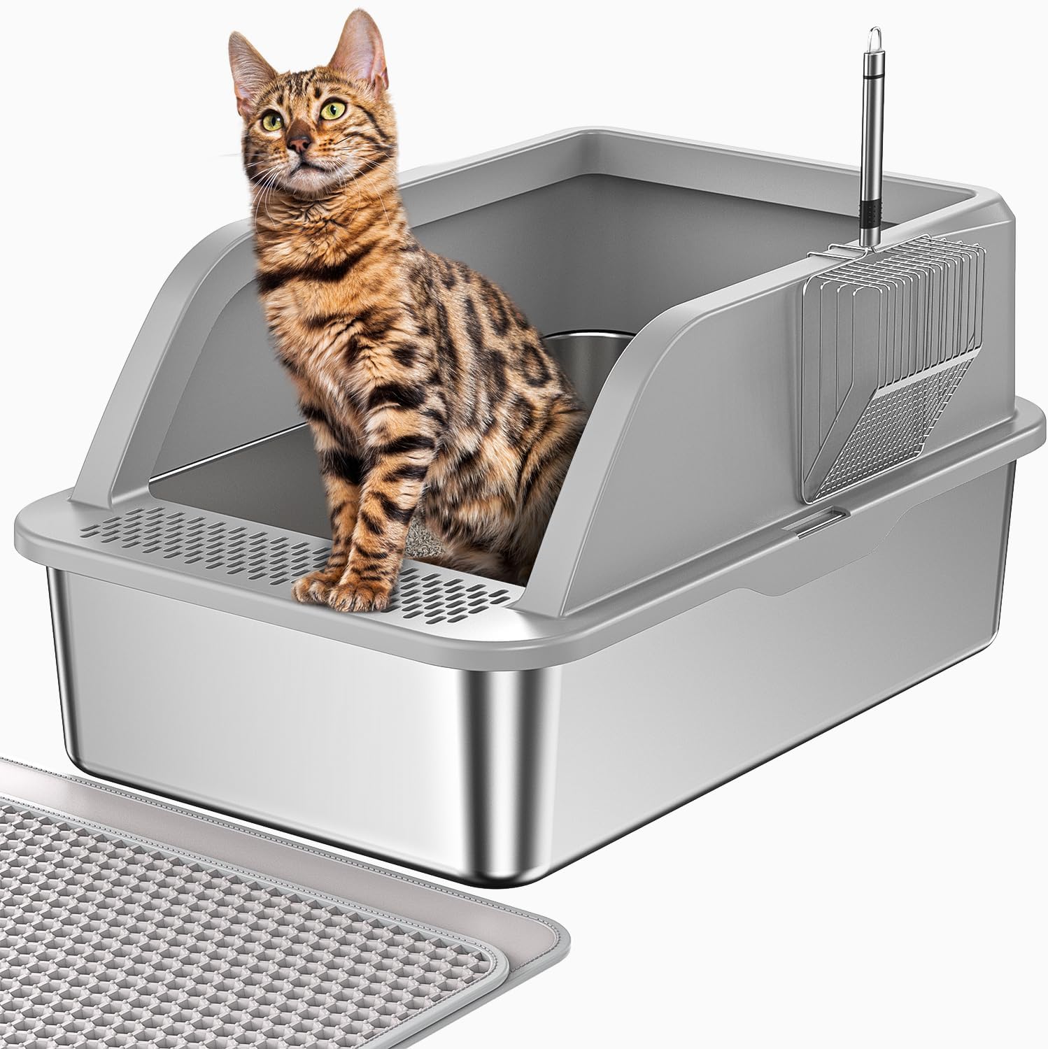 XL Stainless Steel Litter Box for Big Cats with Lid & Scoop