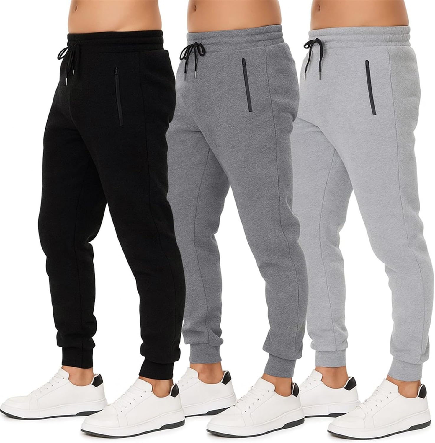 Mens Joggers Sweatpants 3 Pack with Pockets & Zipper Style