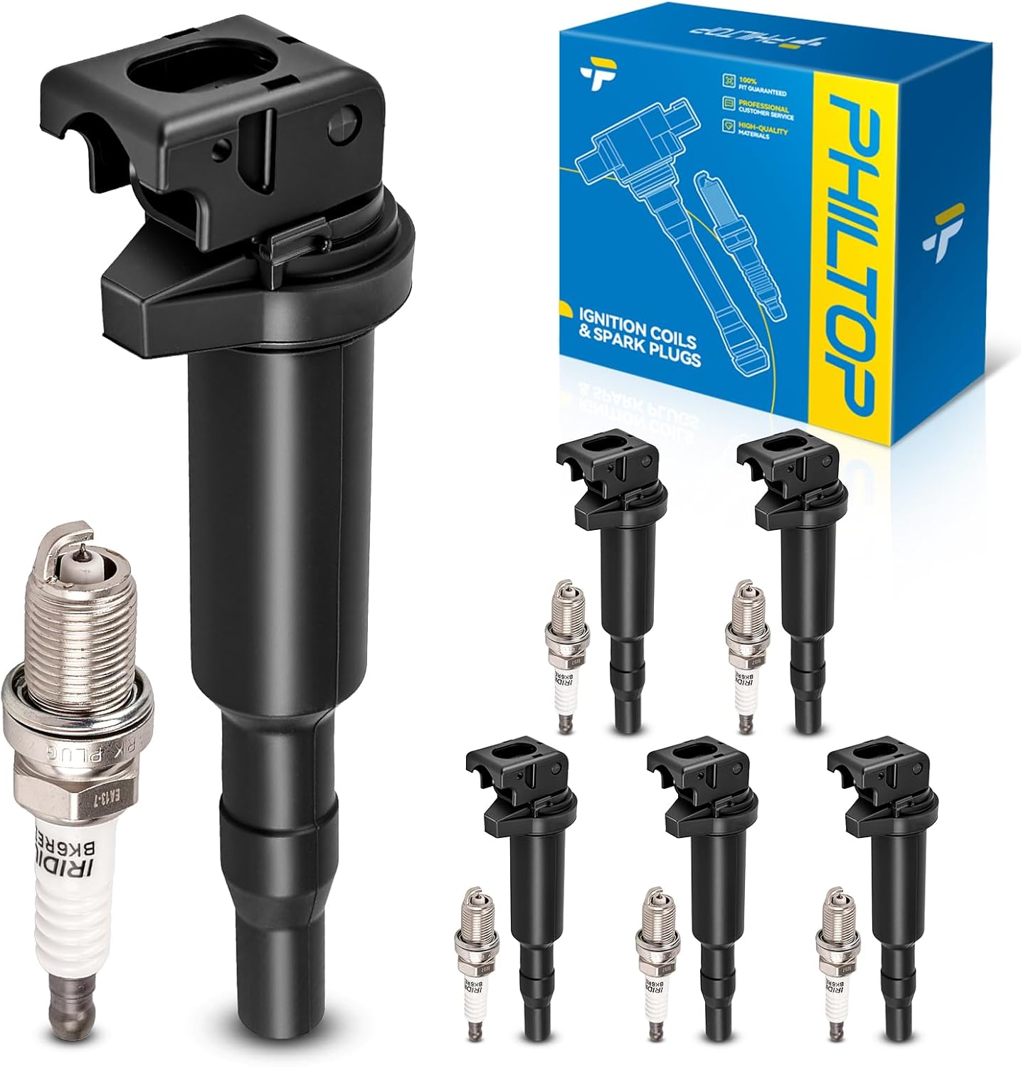 PHILTOP Ignition Coil Pack and Iridium Spark Plugs Set for BMW