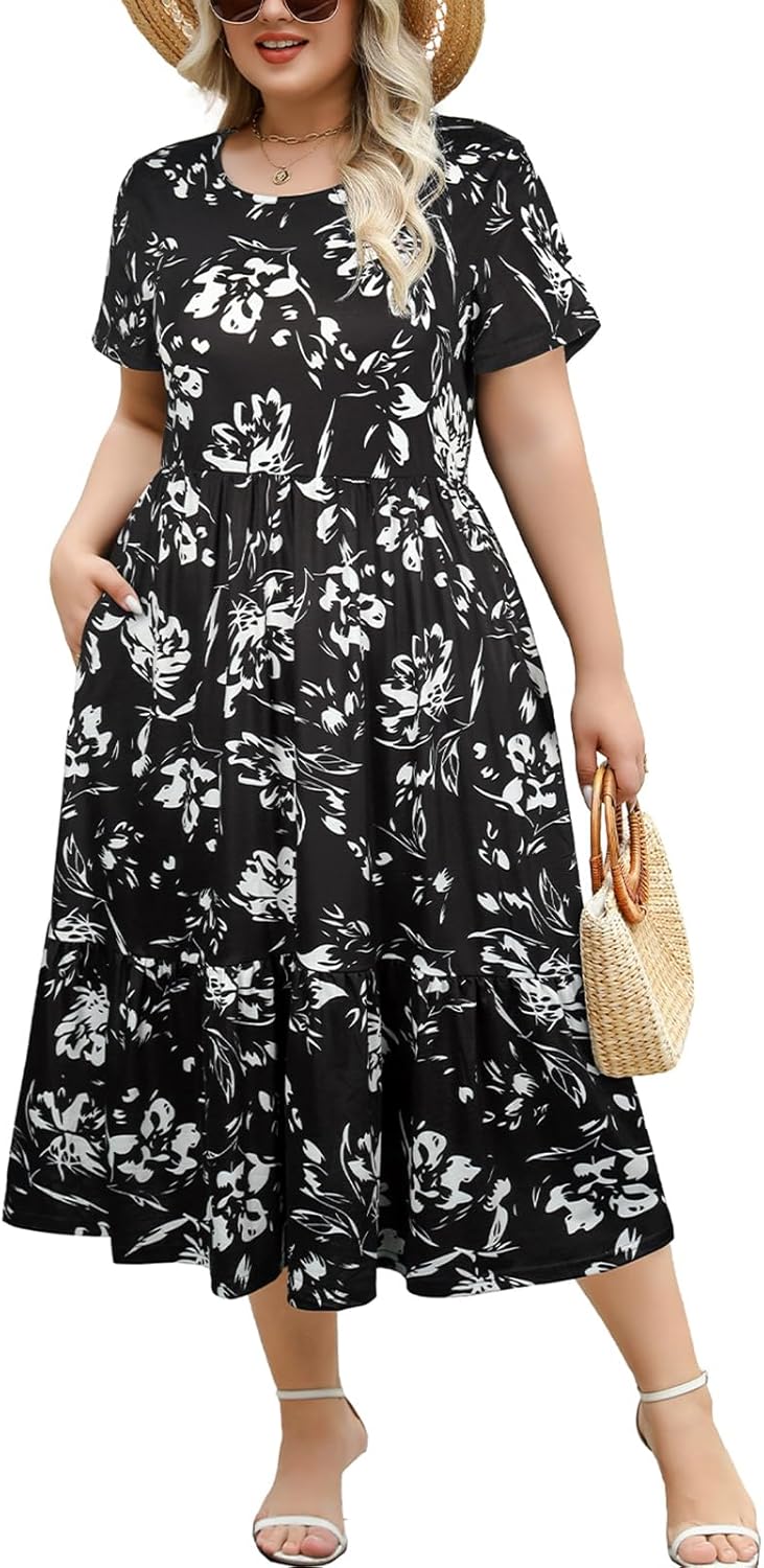 Women's Plus Size Midi Casual Dress with Pockets for Summer