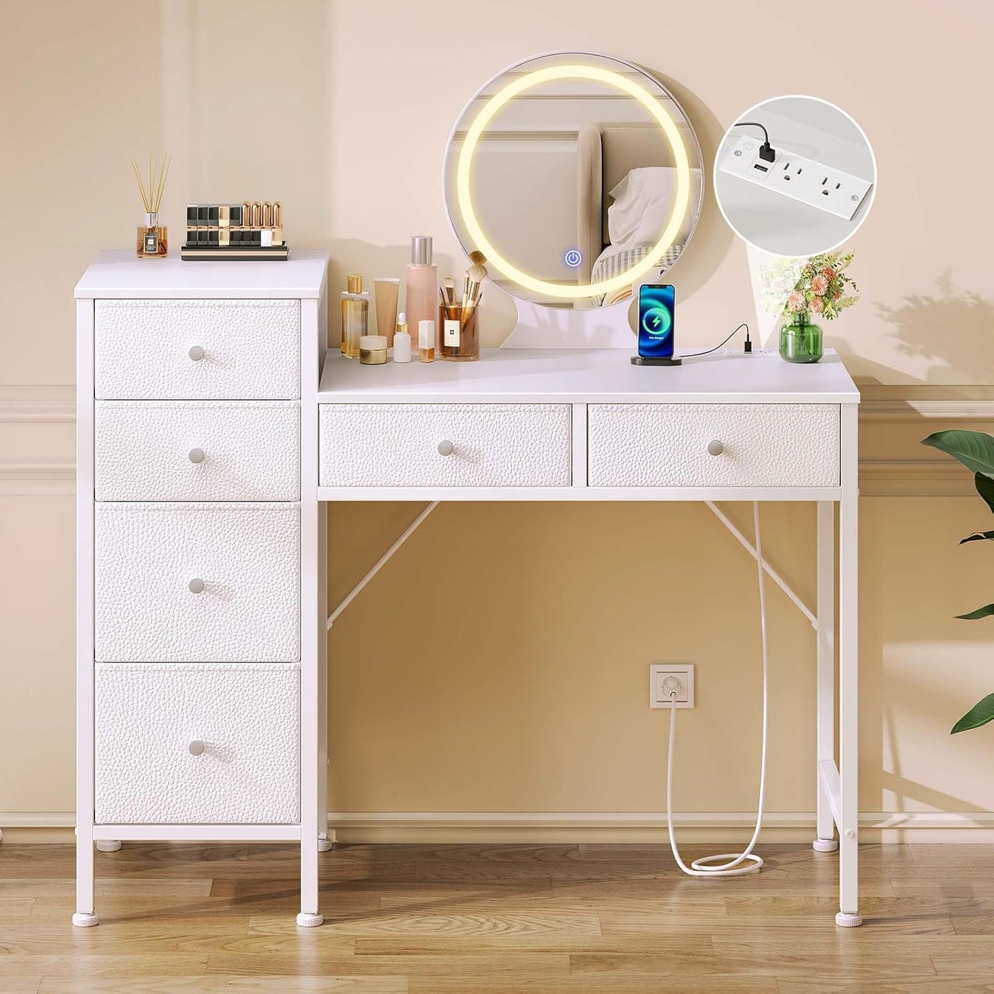 Modern Vanity Desk with Lights & Charging Station