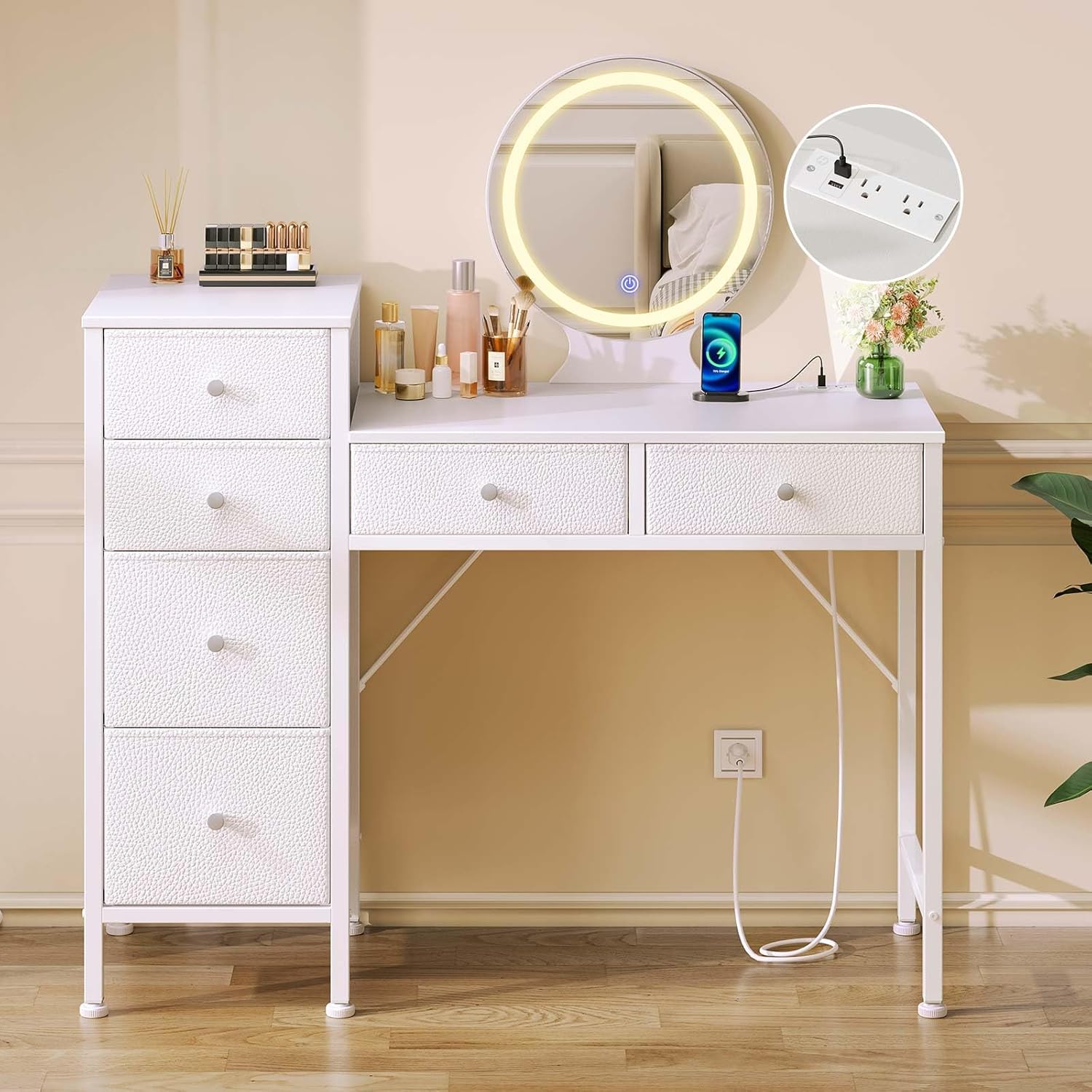 Modern Vanity Desk with Lights & Charging Station