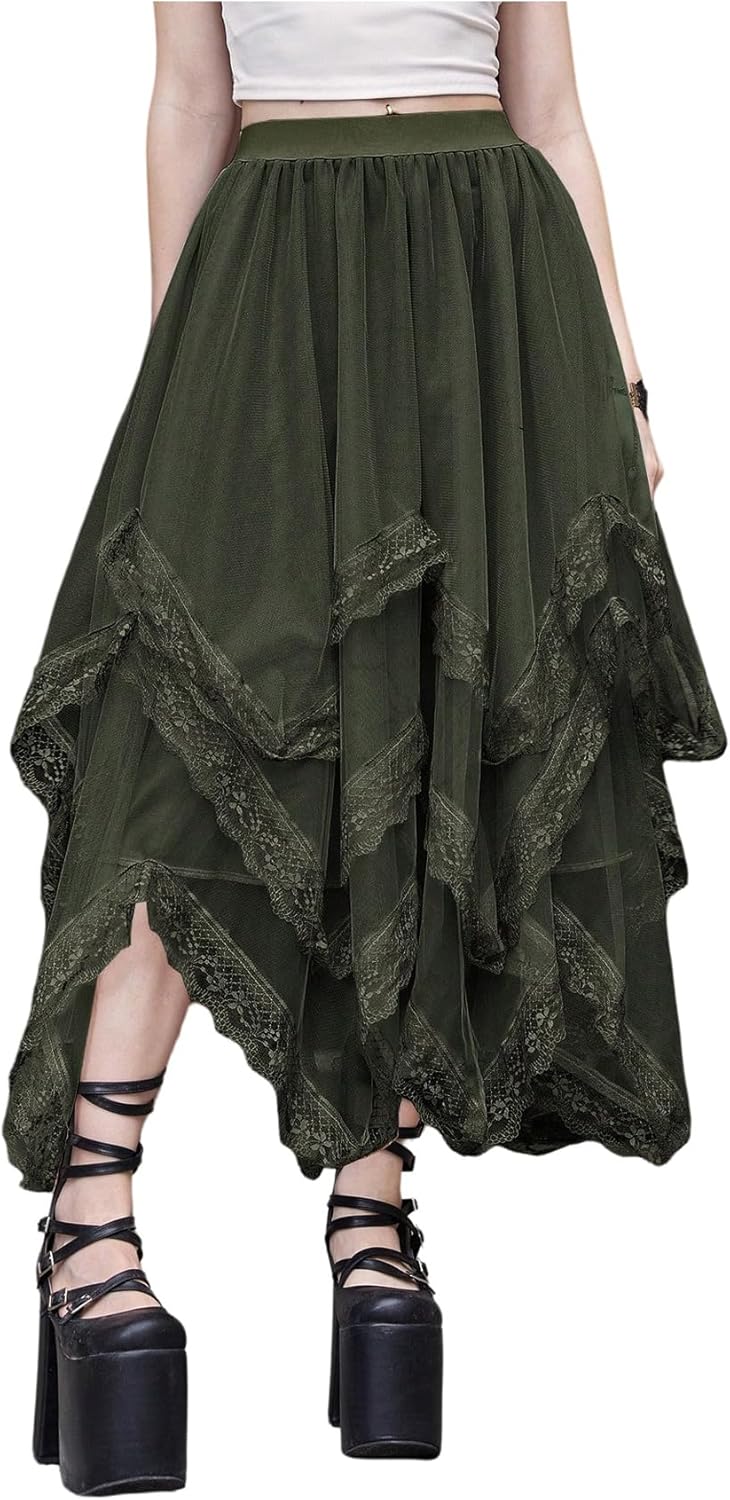 Gothic Lace Trim Layered Mesh Tulle Skirt for Women