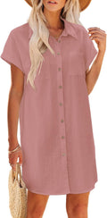 Women's Cotton Button Down Mini Dress - Flowy V Neck Summer Tee
