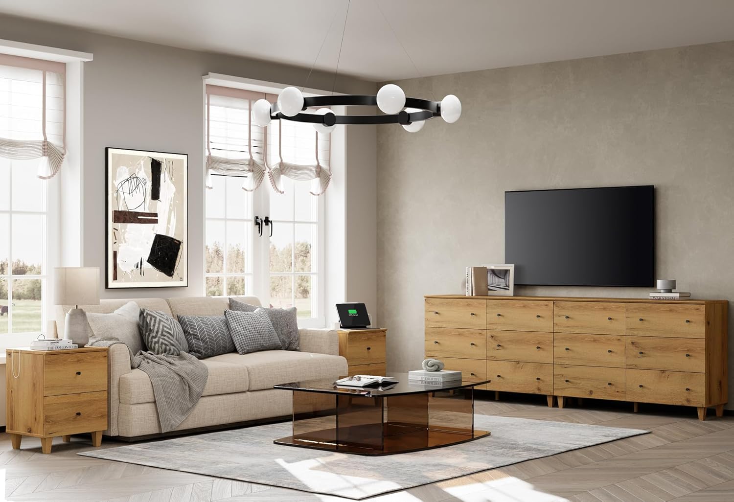 Modern Oak Brown 4-Piece TV Stand & End Tables Set