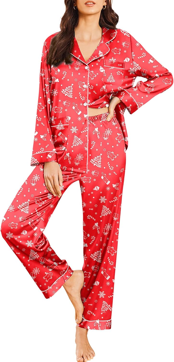 Ekouaer Silk Pajamas for Women Classic Button Down Satin Set