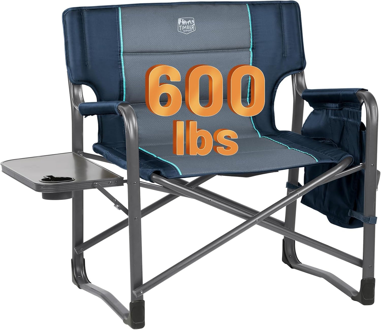 TIMBER RIDGE XXL Directors Chair: 600 Lbs Capacity, Foldable Table/Pocket, Heavy Duty (Blue)