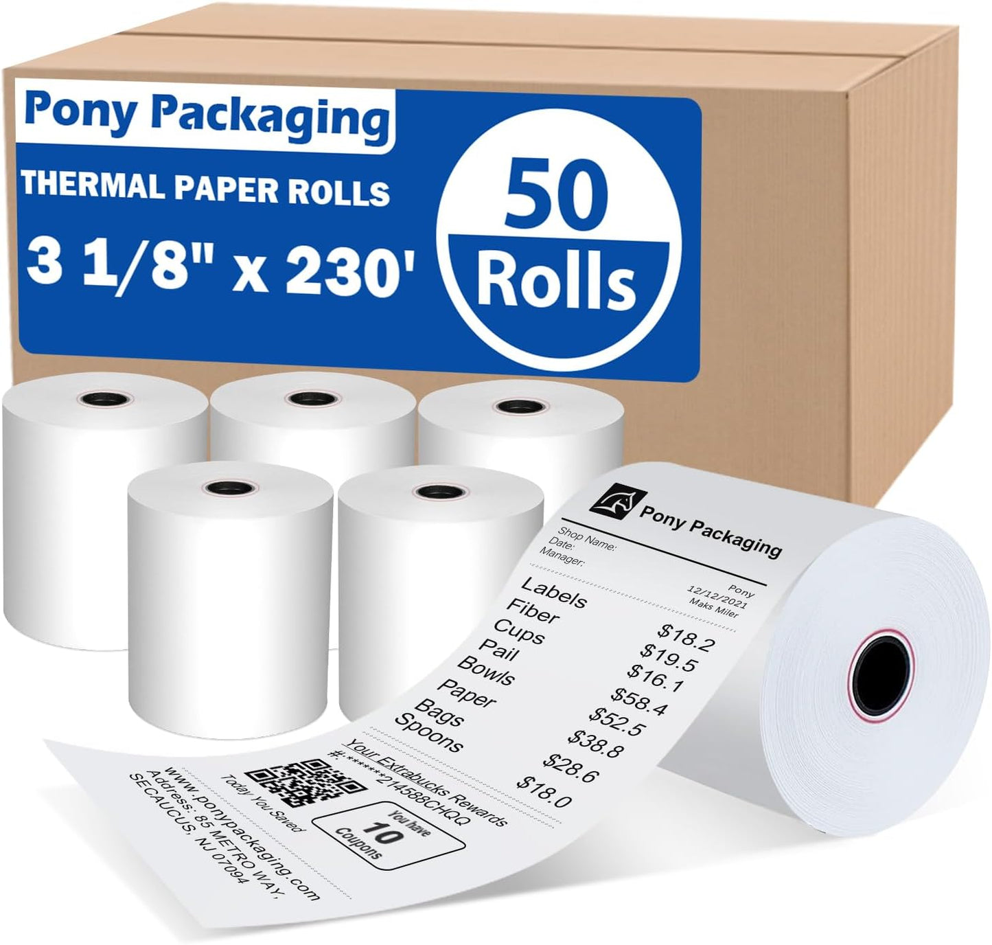 BPA-Free Premium 3 1/8 x 230 Thermal Receipt Rolls - Pony Packaging