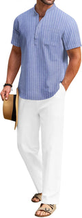 Men's Cotton Linen 2-Piece Henley Set for Summer - Lightweight Beach