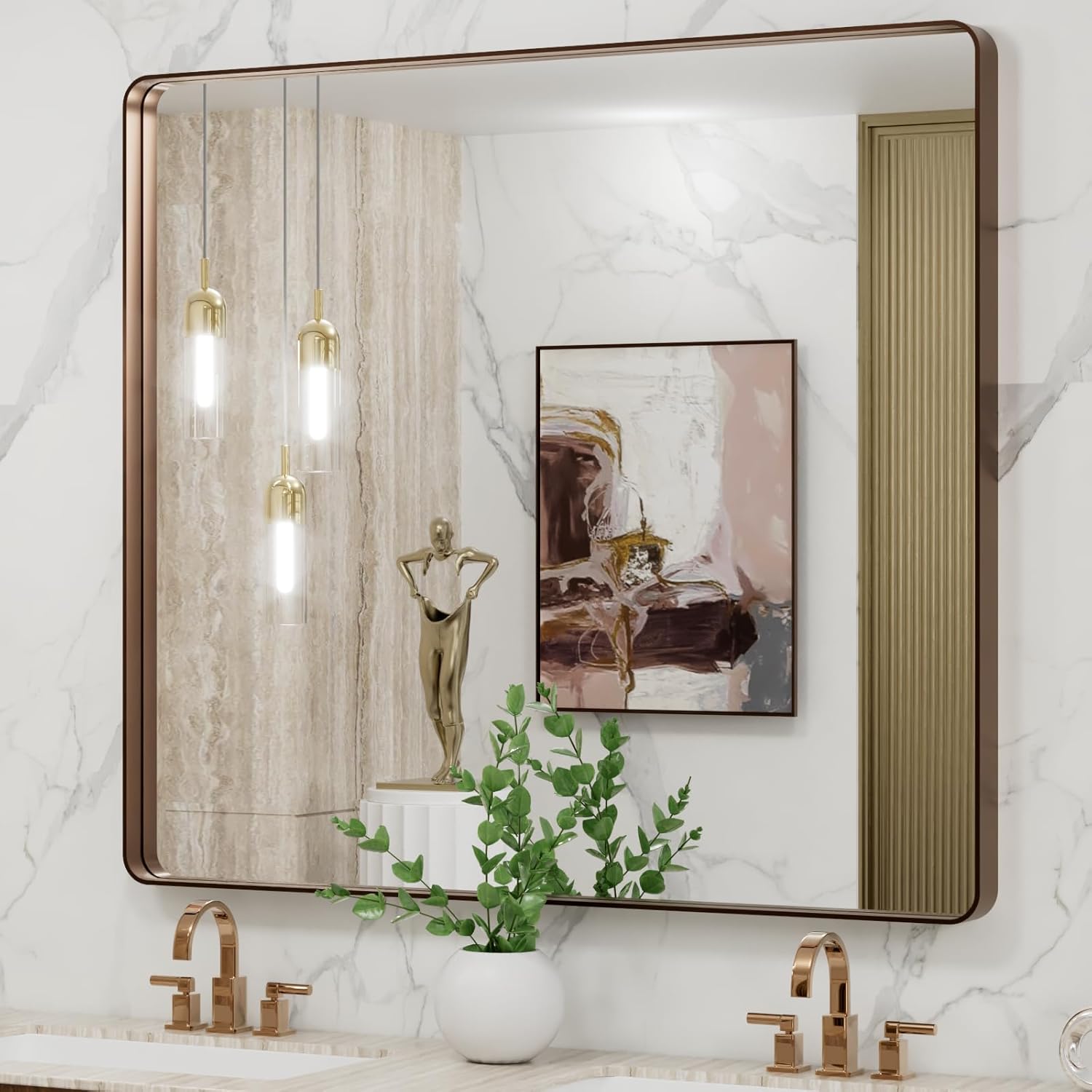 40X36 Bronze Bathroom Mirror with Rounded Rectangle Frame