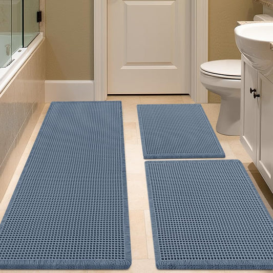 Waffle Bath Mat Set 3 Piece Blue, Soft Washable Boho Rugs