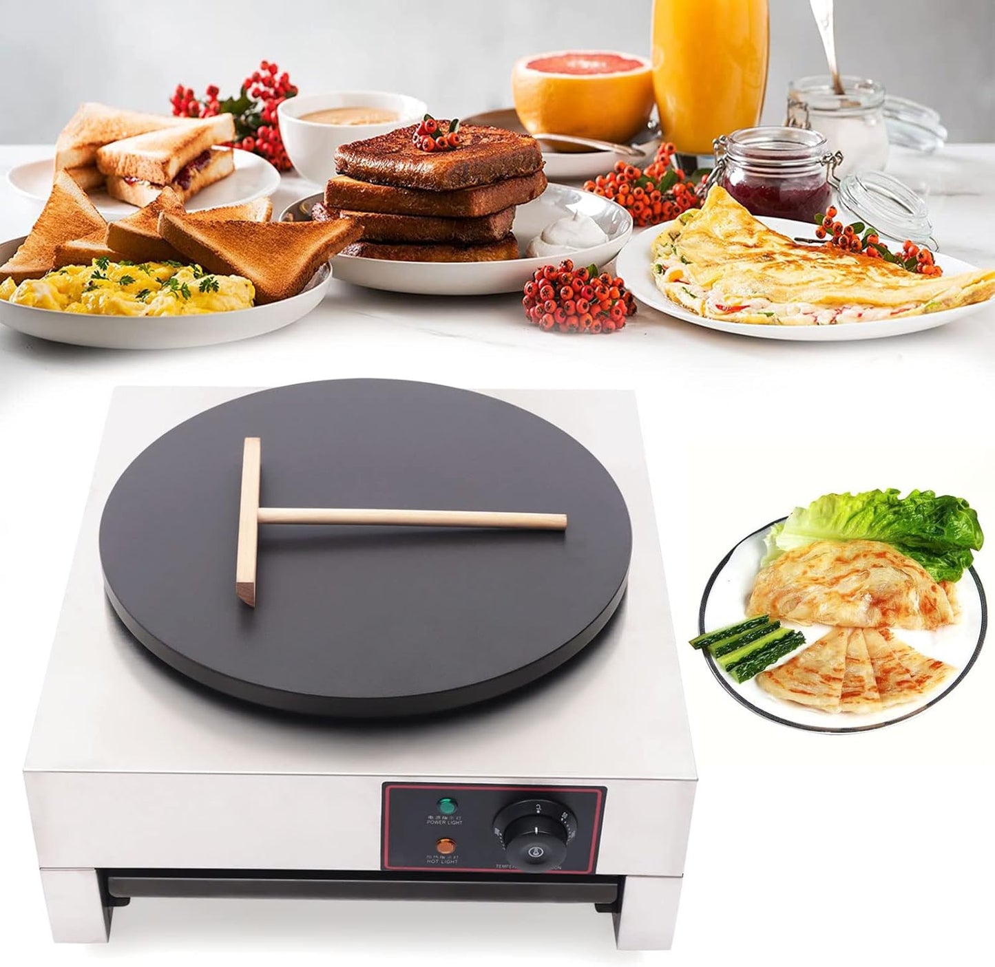 Commercial Electric Crepe Maker, Adjustable Temp, Non-stick Griddle