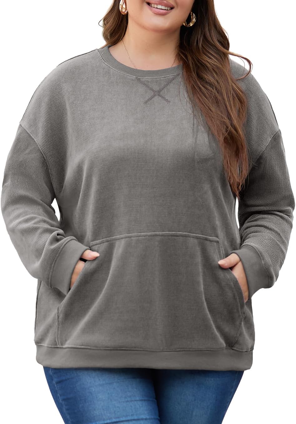 OLRIK Plus Size Oversized Corduroy Sweatshirt with Pocket