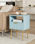 Blue Nightstand Modern Bedside Table with Gold Frame - Compact Storage