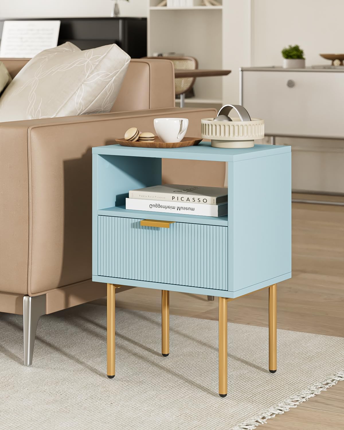 Modern Blue Nightstand with Gold Frame for Stylish Bedrooms