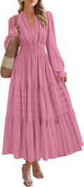 Women's Long Sleeve V Neck Maxi Dress with Pockets - Flowy Fall Guest