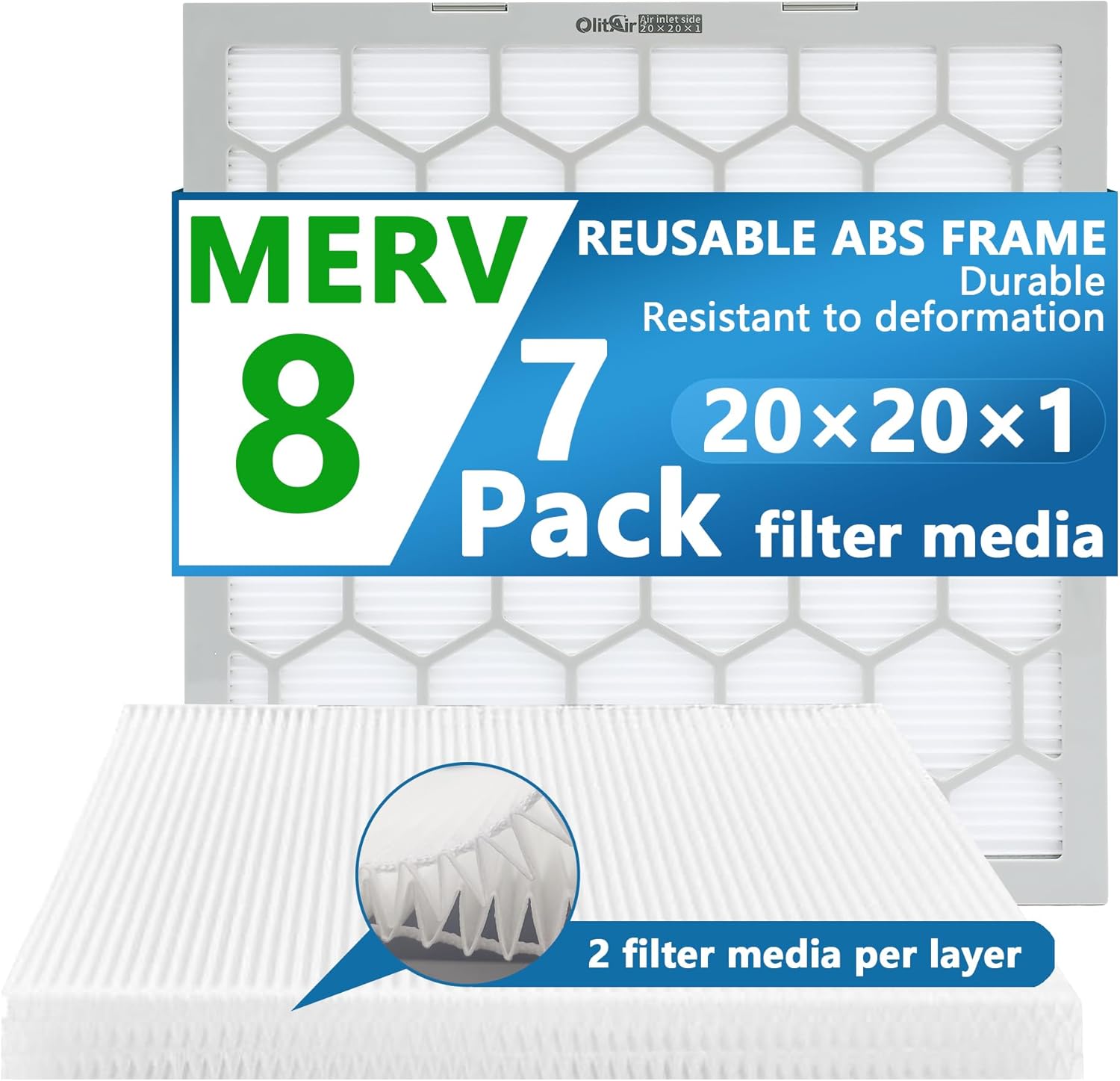 OlitAir 20x20x1 MERV 8 Reusable Filter - Cleaner Air, Longer Lasting Efficiency!